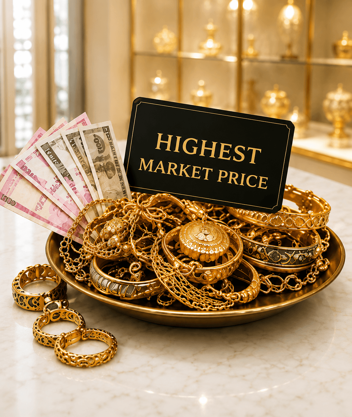 A tray of gold jewellery beside cash, representing an instant gold-for-cash exchange